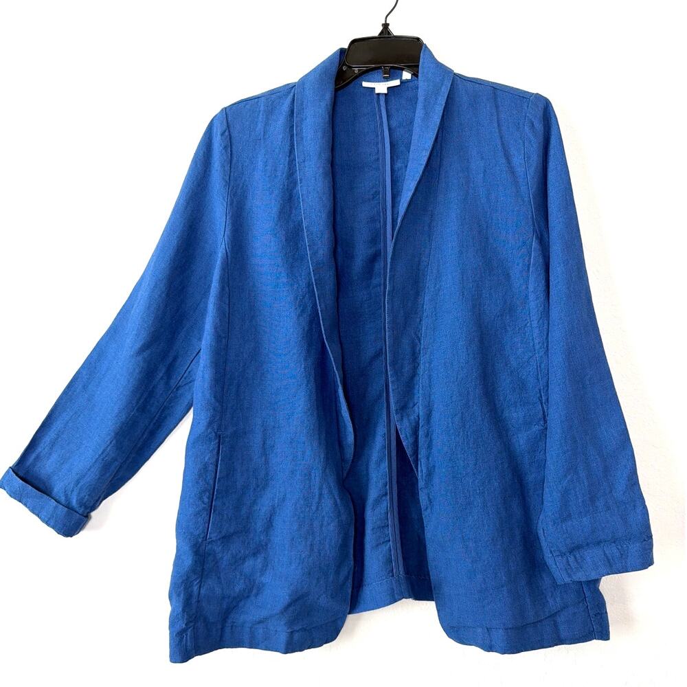 Chico’s Navy Blue 100% Line Open Front Blazer Jacket Womens size 1 (Medium)